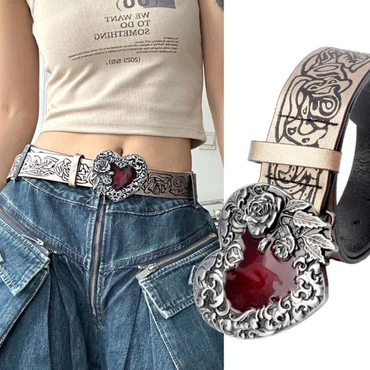 Gothic Punk Y2K Belt with Red Peach Heart Buckle – Women's Adjustable PU Leather Waist Strap for Jeans & Accessories - Premium  from Lizard Vigilante - Just $22.89! Shop now at Lizard Vigilante