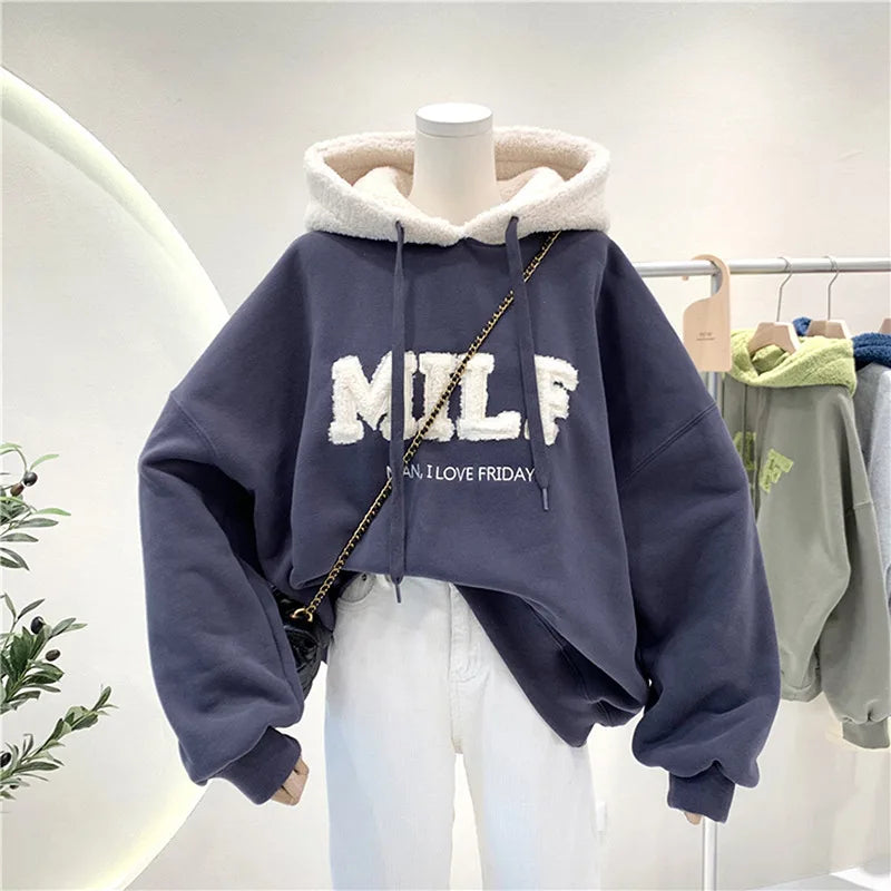 MILF Man I Love Friday! Fashion Patchwork Oversize Sweatshirt Women Winter Casual Loose Cotton Thick Letter Long Sleeve Hoodies Female Streetwear - Premium Long-sleeve hoodie from Lizard Vigilante - Just $39.99! Shop now at Lizard Vigilante