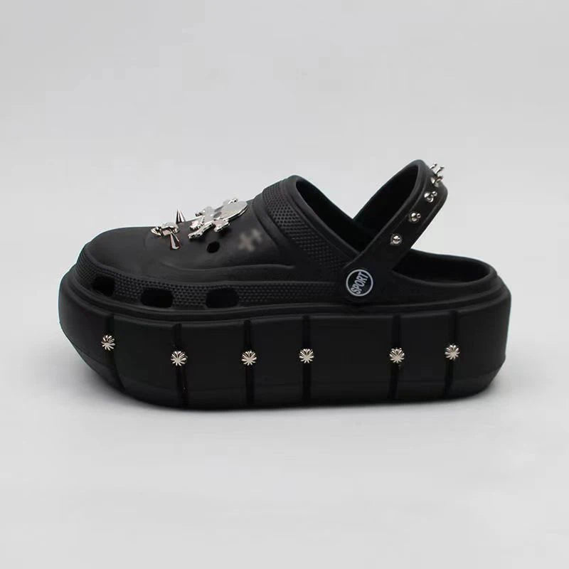 Skull and Crossbones Clogs Punk Women's Sandals Platform Slippers Garden Shoes Heels Metal Skull Charms Wedge Soft EVA Casual Shoes For Female - Premium sandals from Lizard Vigilante - Just $59.99! Shop now at Lizard Vigilante