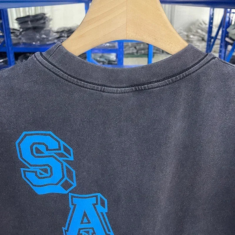 Men Women High Street Vintage Washed Black T-Shirt Top Quality Cototn TEE 3D Cracked Letters Logo Print Saint T Shirt With Tags - Premium  from Lizard Vigilante - Just $64.99! Shop now at Lizard Vigilante