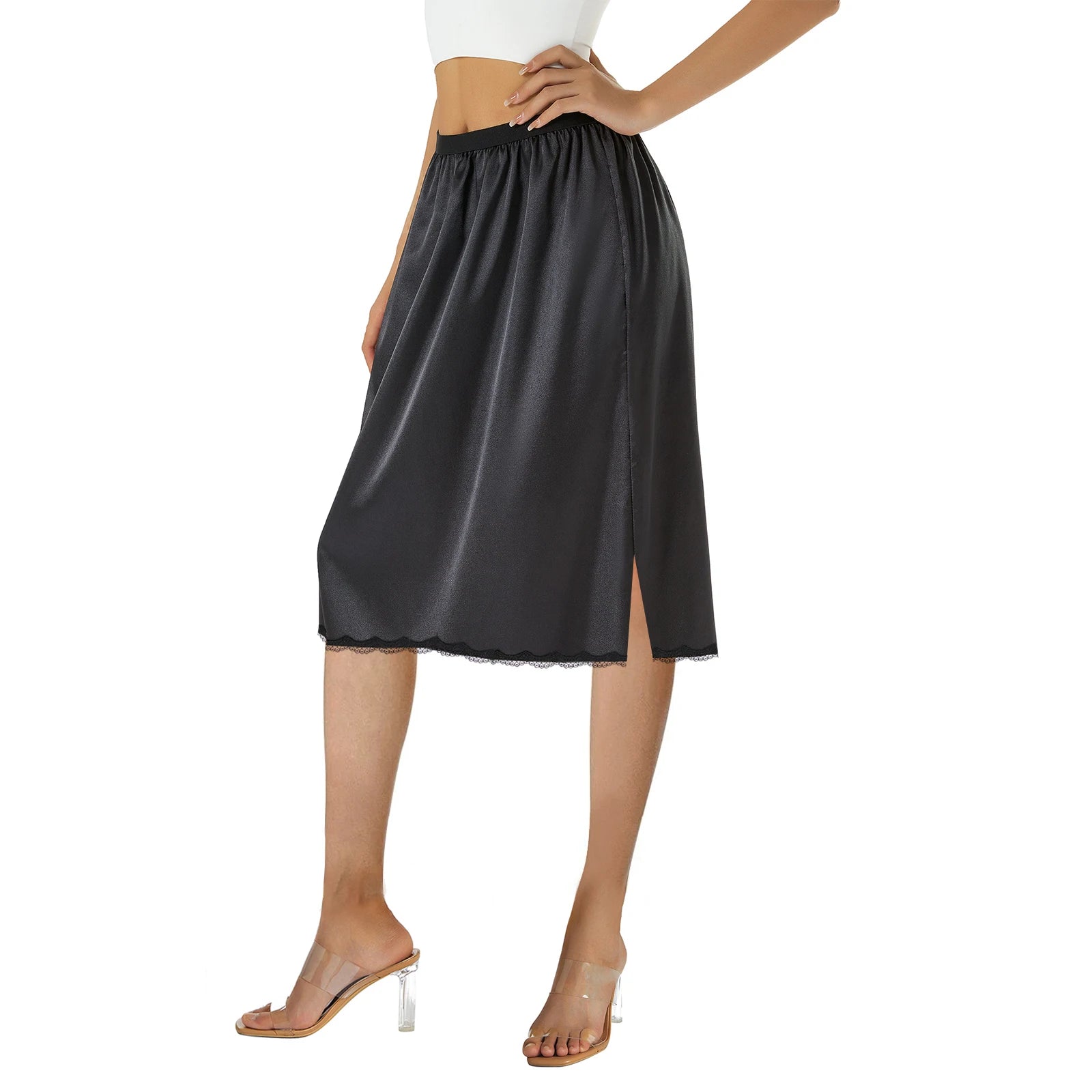 Goocheer Satin Underskirt – Women’s Solid Color Elastic Waist Lace Trim Skirt for Under Dresses - Premium skirt from Lizard Vigilante - Just $22.88! Shop now at Lizard Vigilante