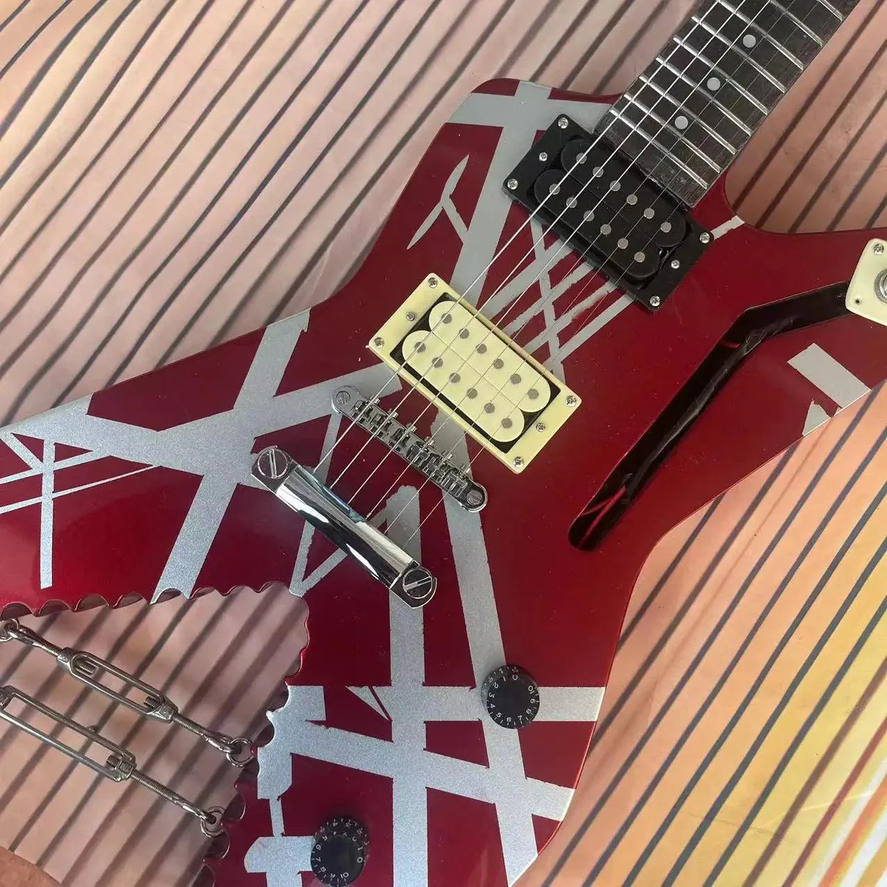 Red, White, & Black Striped Special Shaped 6-string Integrated Electric Guitar with a Eddie Van Metal Halen Red Body, High Gloss, Rosewood Fingerboard, Maple Wood Track - Premium Electric Guitar from dsers - Just $388.88! Shop now at Lizard Vigilante