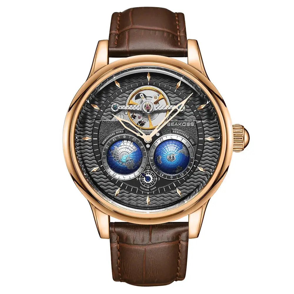 SEAKOSS Male Dual Earth Rotating Mechanical Men's Watch Automatic Movement Waterproof Clock Pilots 1963 Flywheel Wristwatches