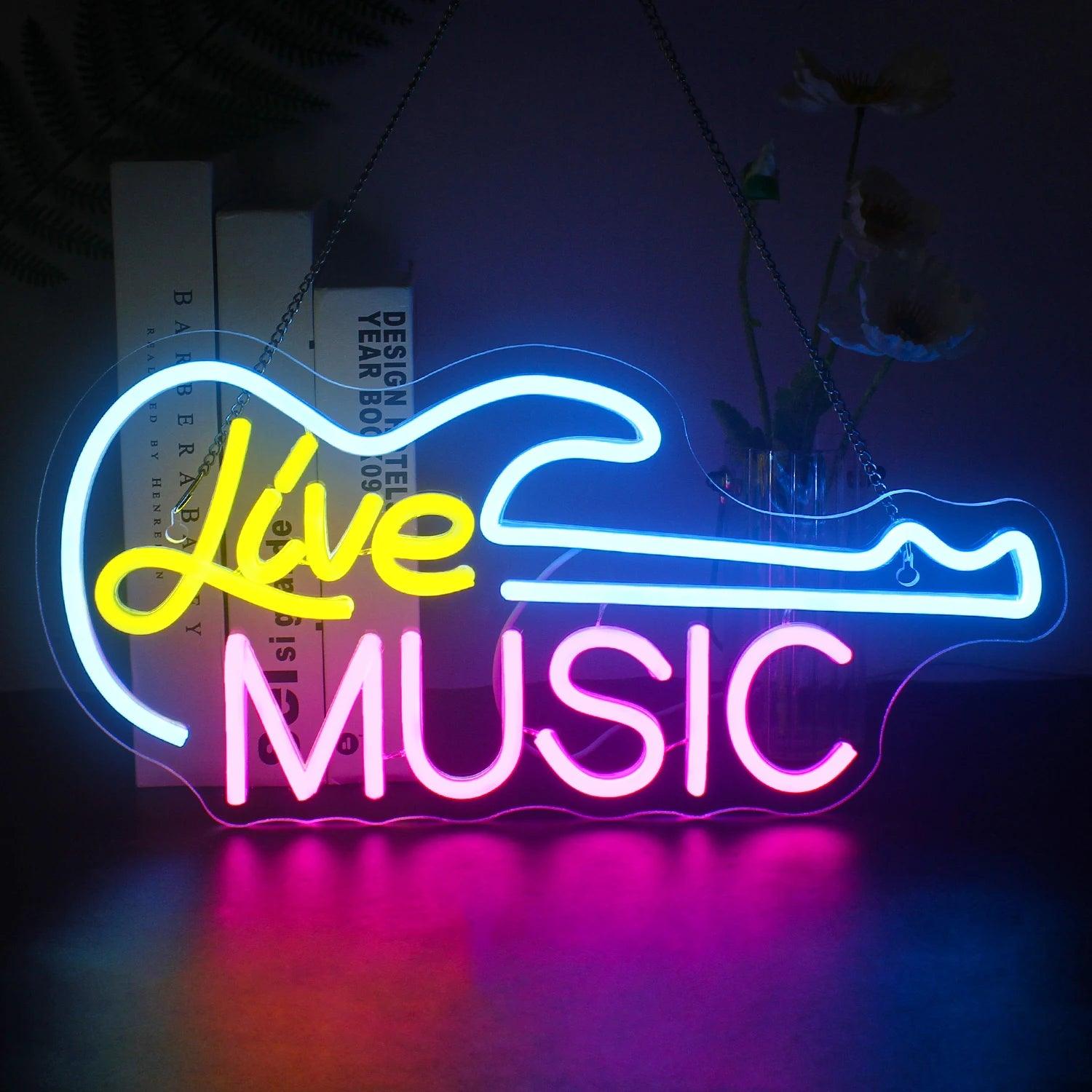 Guitar Live Music Neon Signs Guitar Led Light up Sign with USB for Music Wall Decor Live Music Bedroom Party Bar Music Club - Lizard Vigilante