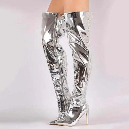 Women Mirror Platform Boots Pointy Toe Punk Boot High Thin Heels Over The Knee Long Shoe Autumn Winter Zip Silver Casual Party Shoes - Lizard Vigilante