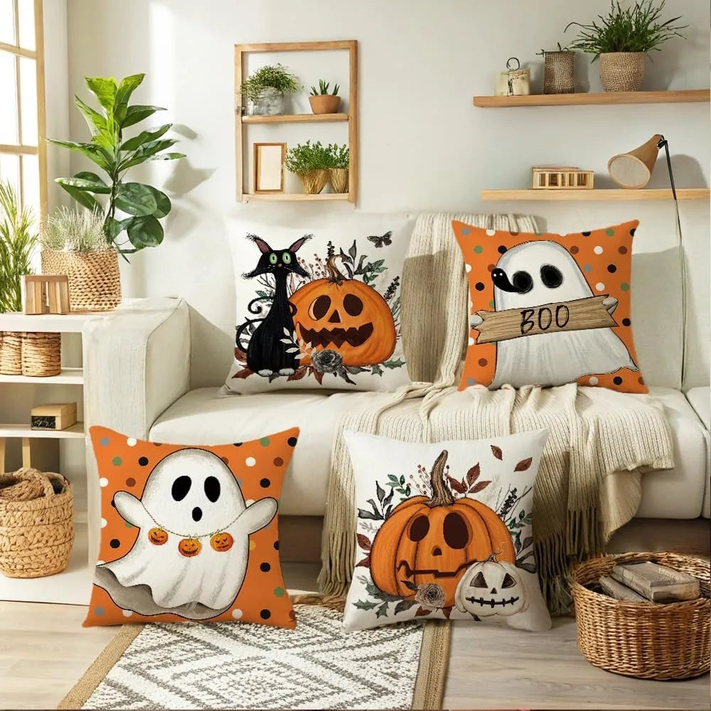Halloween Pillowcases: Cat, Ghost, and Pumpkin Themed Decor! Sofa cushion cover, holiday party decoration, gift