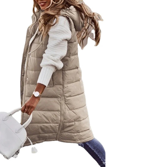 Women's Long Hooded Cotton Down Vest | Quilted Sleeveless Jacket | Warm Autumn/Winter Outwear (5XL) - Premium vest from Lizard Vigilante - Just $41.99! Shop now at Lizard Vigilante