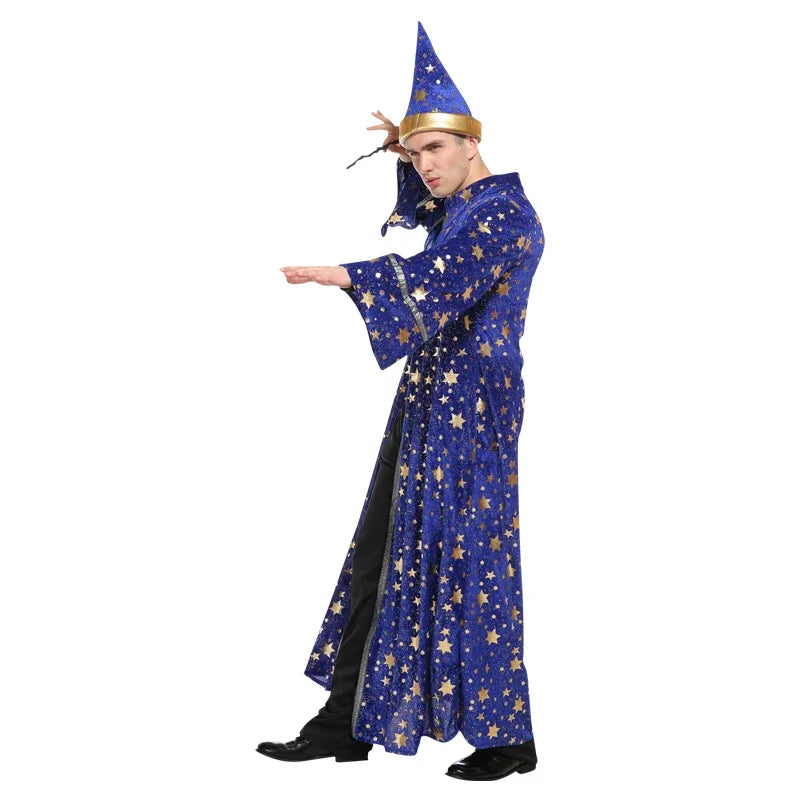 Adult Halloween Men Blue Robe and Hat | Star Moon Magic Magician Wizard Costume | Cosplay Role Playing - Premium costume from Lizard Vigilante - Just $38.88! Shop now at Lizard Vigilante