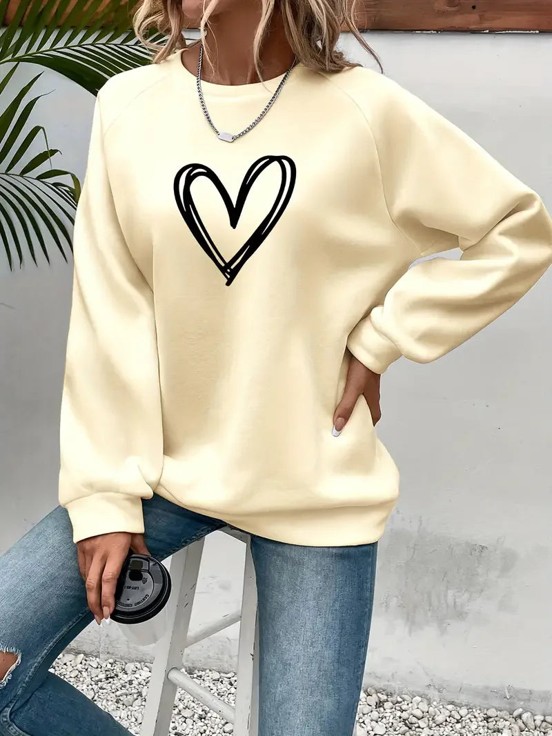 Heart Print Casual Pullover Sweatshirt for Women – Cozy Crew Neck, Fall & Spring Essential - Premium sweatshirt from Lizard Vigilante - Just $38.88! Shop now at Lizard Vigilante