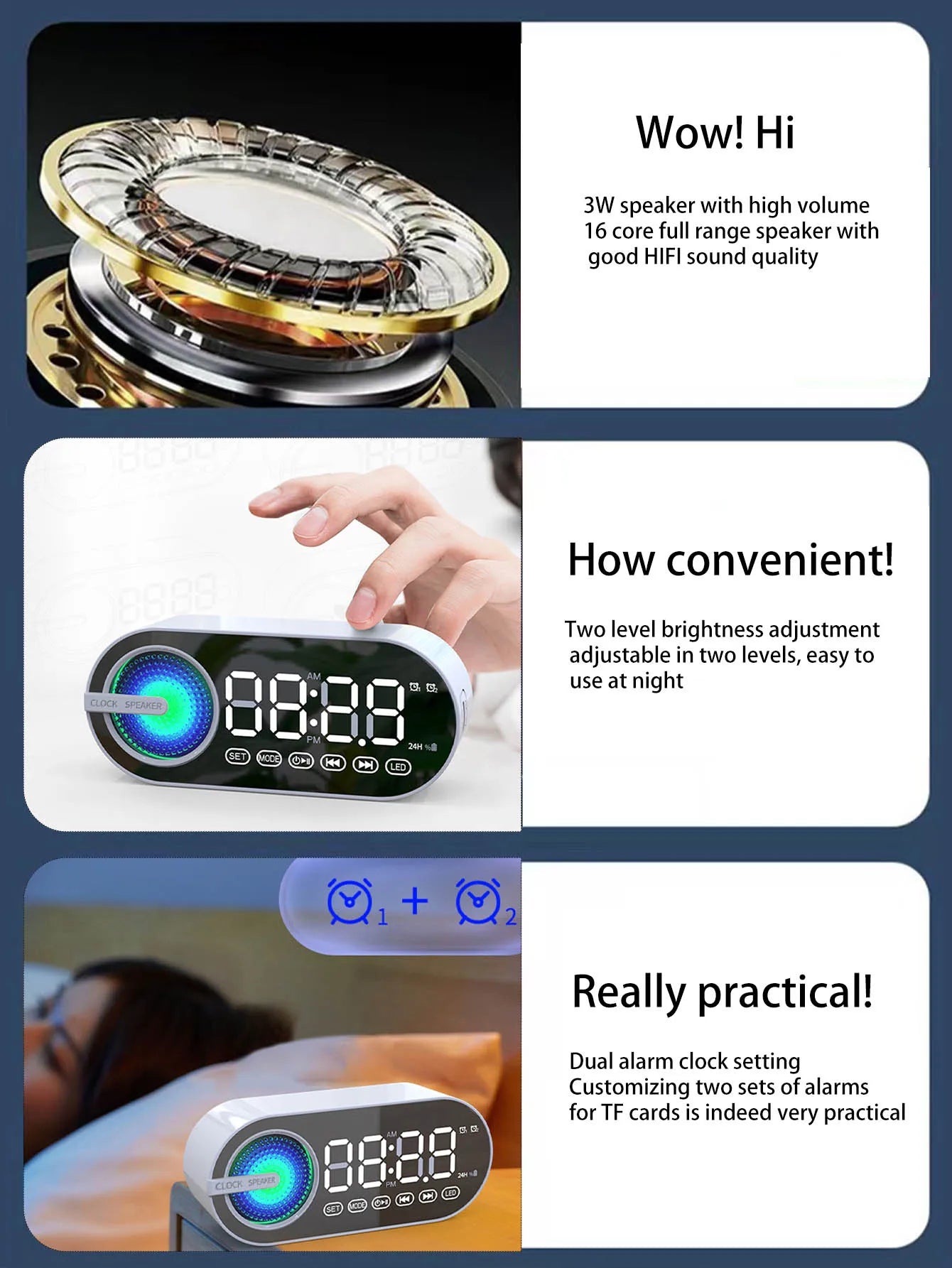 Wireless Bluetooth speaker, mini design with multiple functions as a clock, outdoor version subwoofer is powerful