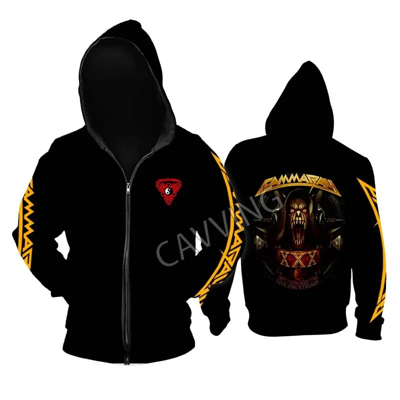 Gamma Ray Metal Rock Zipper Hoodie - Unisex Gothic Streetwear, Printed Band Logo, Casual Cotton Hooded Top - Premium hoodie from Lizard Vigilante - Just $61.08! Shop now at Lizard Vigilante