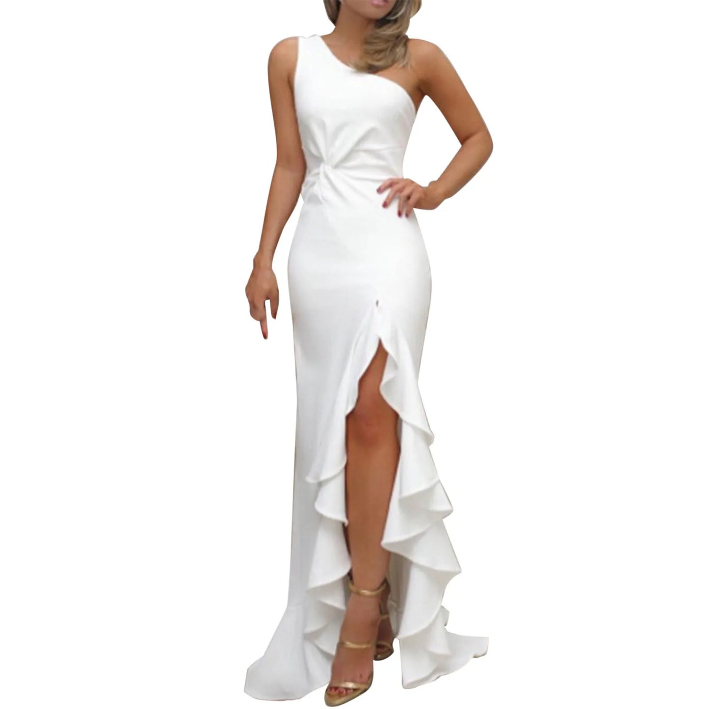 Easy Elegance One-Shoulder Ruched Ruffle Formal Evening Dress with Slit – 2024 Women's Party Gown - Premium dresses from Lizard Vigilante - Just $37.88! Shop now at Lizard Vigilante