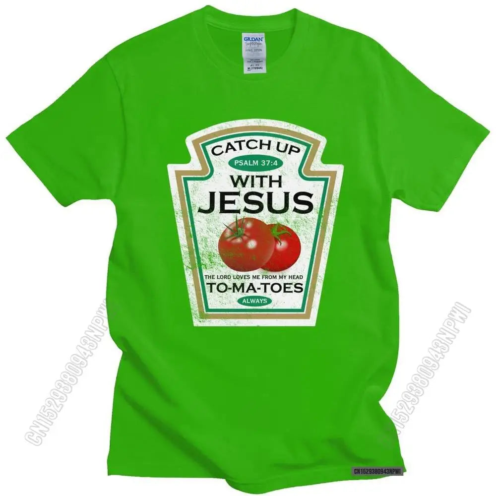 Crucify Your Cravings: The 'Catch Up With Jesus' Vegan Tomato T-Shirt - Premium t-shirt from Lizard Vigilante - Just $23.88! Shop now at Lizard Vigilante