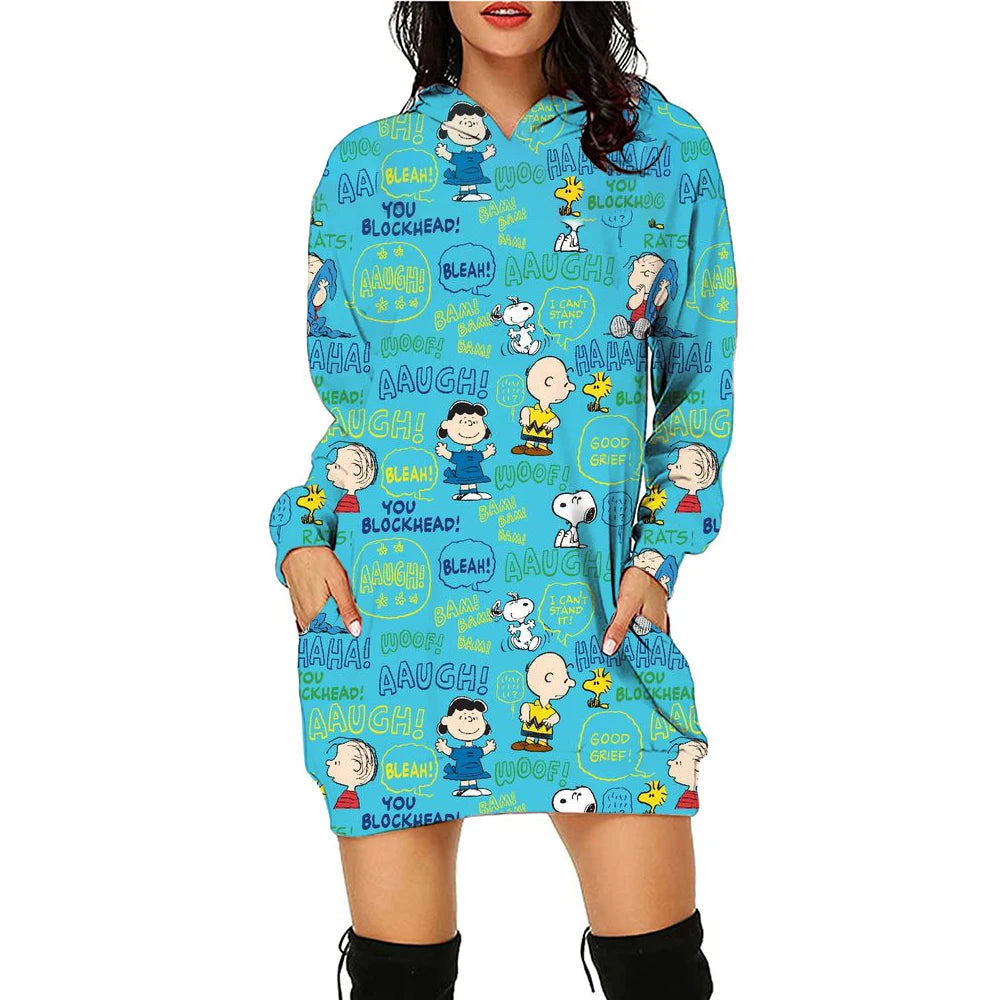 Snoopy Women’s Hoodie Dress – Y2K Streetwear 3D Cartoon Pullover Winter Fashion