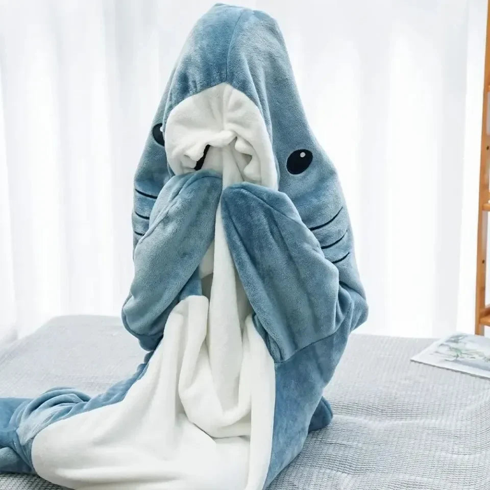Shark Blanket Adult Cartoon Sleeping Bag Pajama Hooded Warm Flannel Funny Homewear Shark Onesie Sleeping Bag Winter Warm Blanket