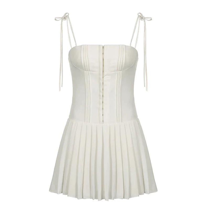 IAMHOTTY Party Holiday A-line Pleated Sleeveless Corset Dress White Buckle Up Lace-up Straps Chic Mini Dresses High Streetwear - Lizard Vigilante