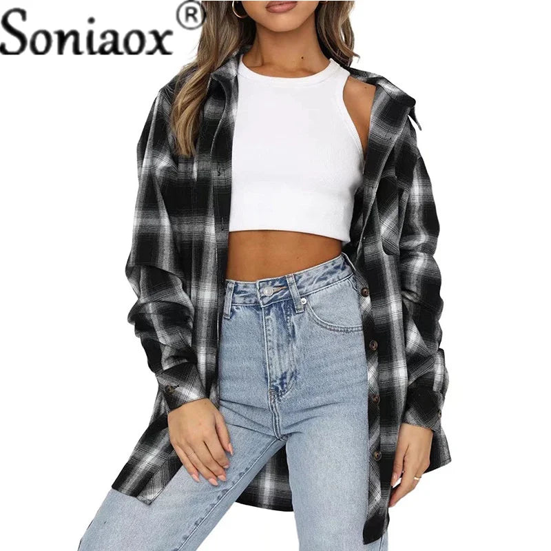 Women’s Flannel Plaid Shirt – Loose Fit Button-Up Casual Long Sleeve Blouse - Premium shirt from Lizard Vigilante - Just $42.88! Shop now at Lizard Vigilante