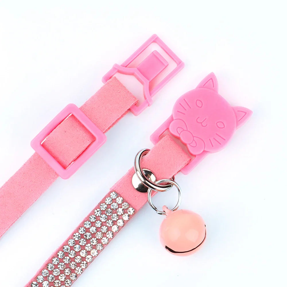Soft Suede Leather Cat Collar Bling Rhinestone Cats Collars with Bell Safety Breakaway Pet Puppy Necklace Adjustable XS S Pink