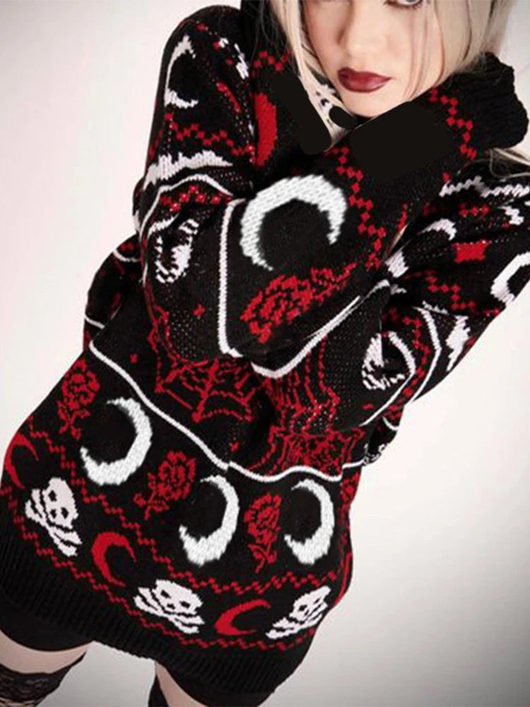 Yangelo Gothic Moon Skull Pattern Sweater – Women’s Knit Pullover for Autumn Winter Street Fashion - Premium pullover from Lizard Vigilante - Just $44.88! Shop now at Lizard Vigilante