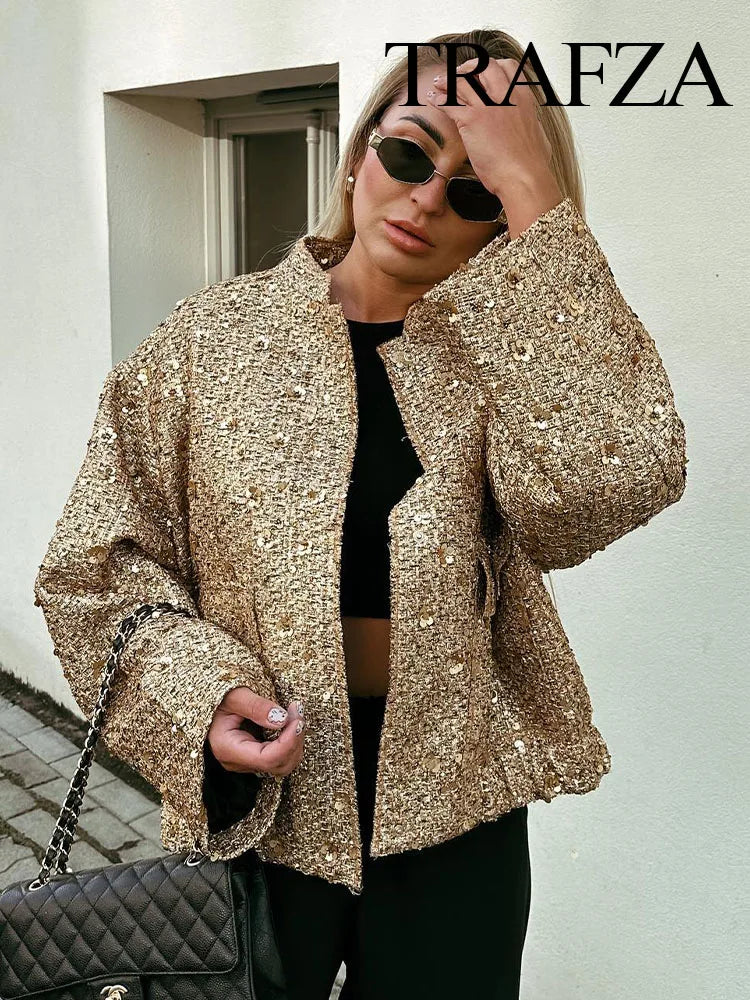 TRAFZA Women’s Fashion Shiny Sequin Jacket – Y2K Gold Color Stand Collar Coat - Premium jacket from Lizard Vigilante - Just $60.99! Shop now at Lizard Vigilante