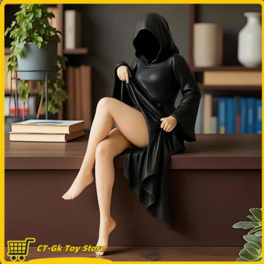 Gothic Statue Sitting Women Resin Ornaments Mysterious Bookshelf Sculptures Ghost Black Horror Robe Desktop Home Room Decor