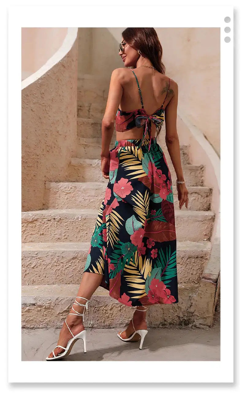 Y2K Bikini Crop Tops Long Dress Sexy Set for Women Summer Fashion Two Pieces Skirt Beach Style Floral Print Midi Sexy Boho Sets
