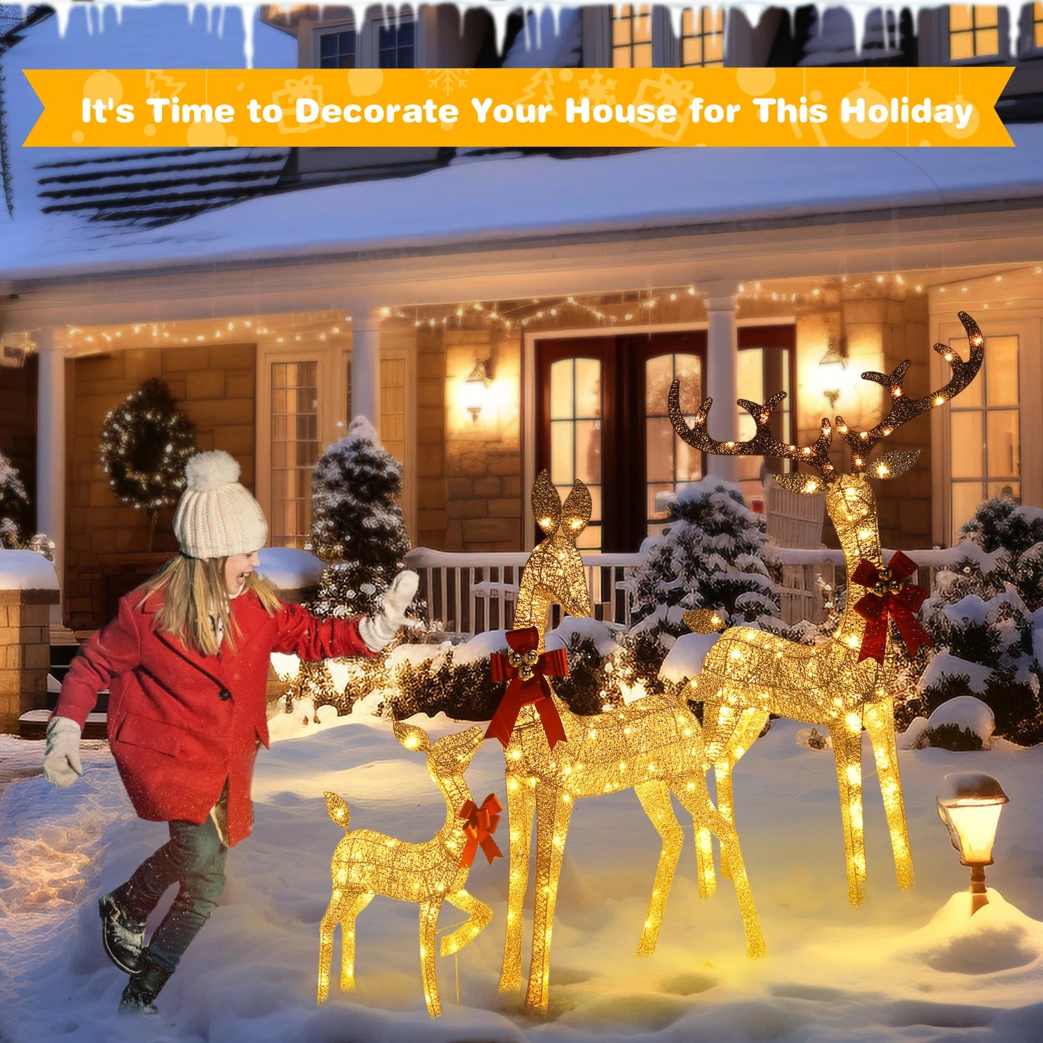 Indoor Outdoor Large Lighted Christmas Deer Family Set Front Yard Porch Holiday Decoration with 160/210 Warm White LED Lights - Premium  from Lizard Vigilante - Just $138.99! Shop now at Lizard Vigilante