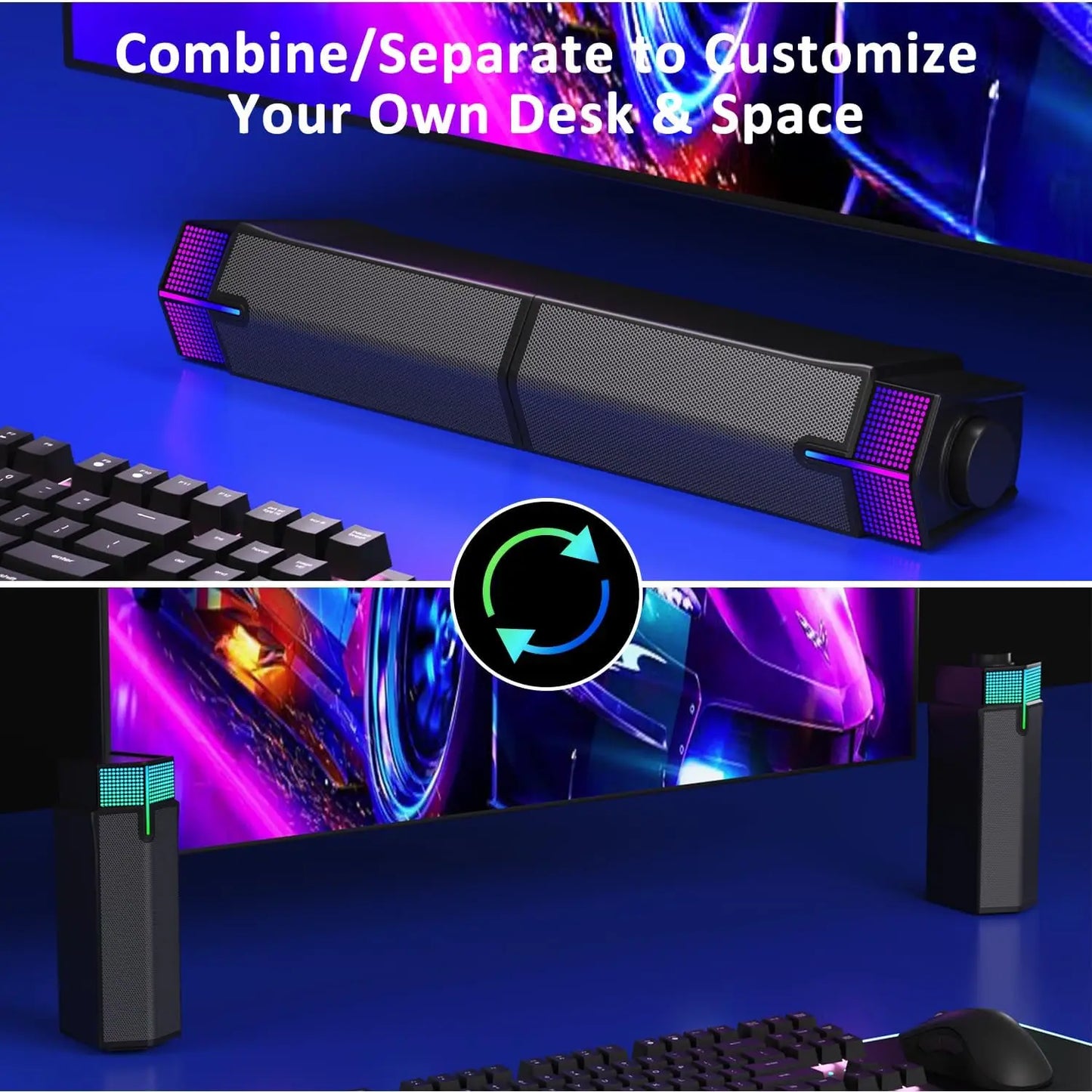 Bluetooth Computer Speakers for PC Desktop Monitor, Gaming PC Sound Bar-Wired USB-Powered,Superb Stereo Sound,with LED Lighting