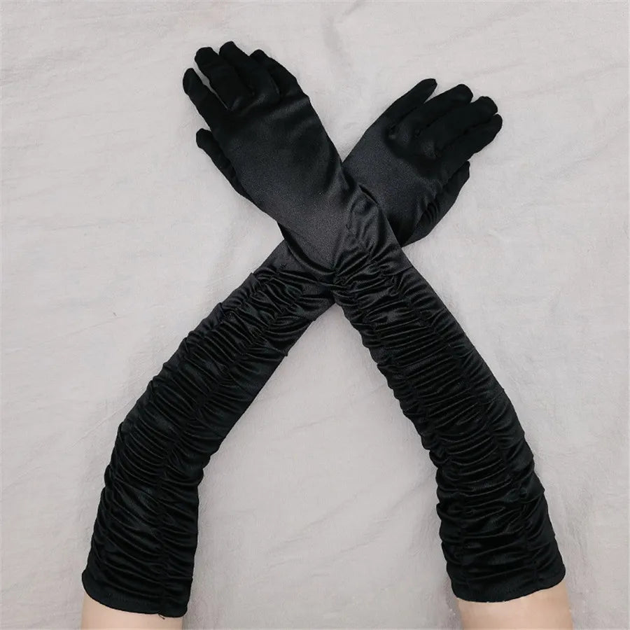 Women’s Long Solid Satin Folds Gloves – Retro Style Dance & Opera Performance Accessories - Premium  from Lizard Vigilante - Just $22.88! Shop now at Lizard Vigilante