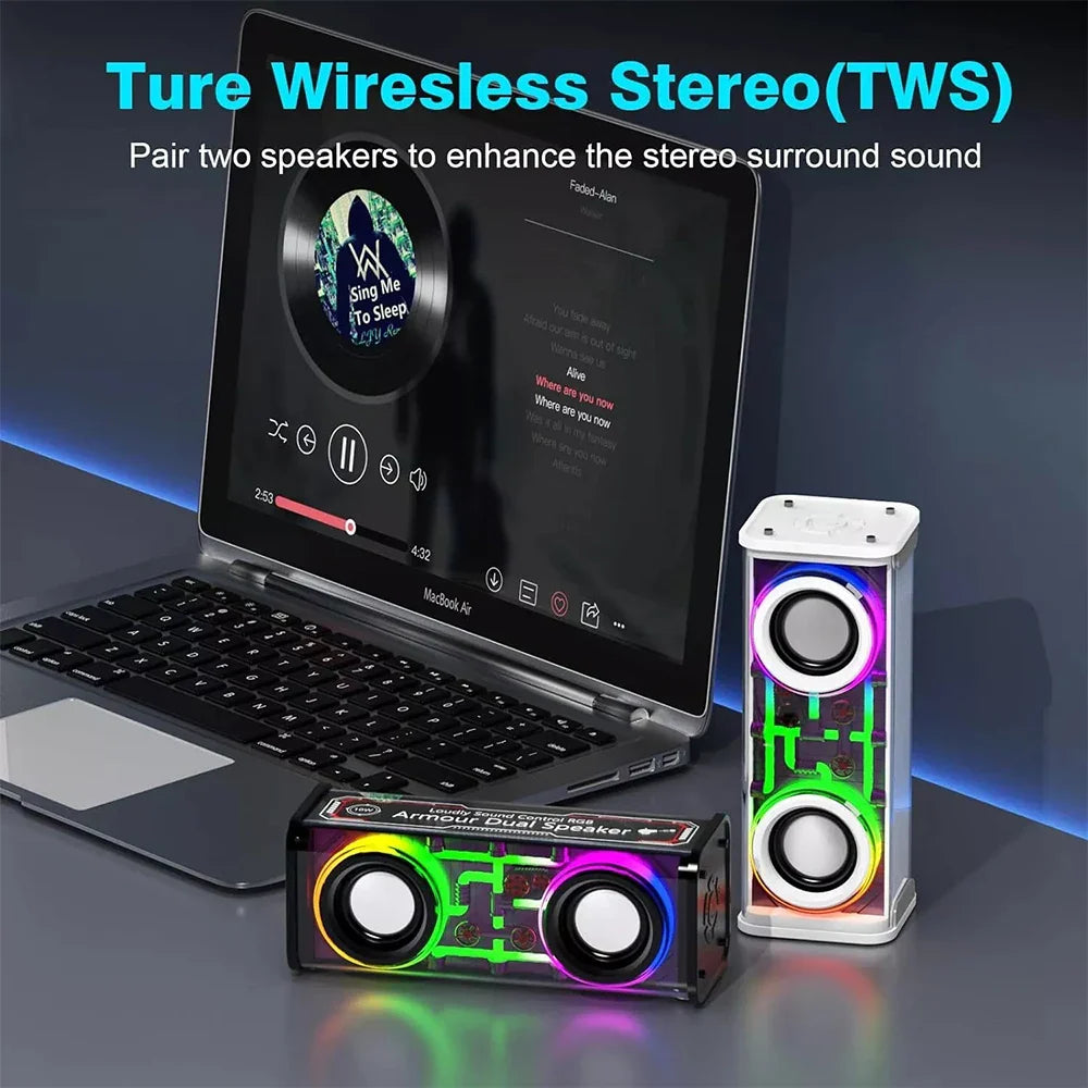Bluetooth 5.0 Dual Speakers Wireless RGB1800mAh Transparent Mecha Speakers  Light Effect Loudspeaker Bass Subwoofer Mini Speaker