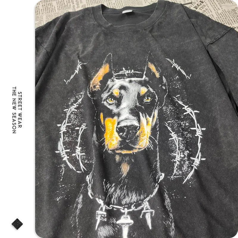 Doberman T-shirts Oversized Vintage Washed Hip Hop High Street T Shirt Retro Cute Dog DTG Printing Short Sleeve Tops Tees Cotton - Lizard Vigilante