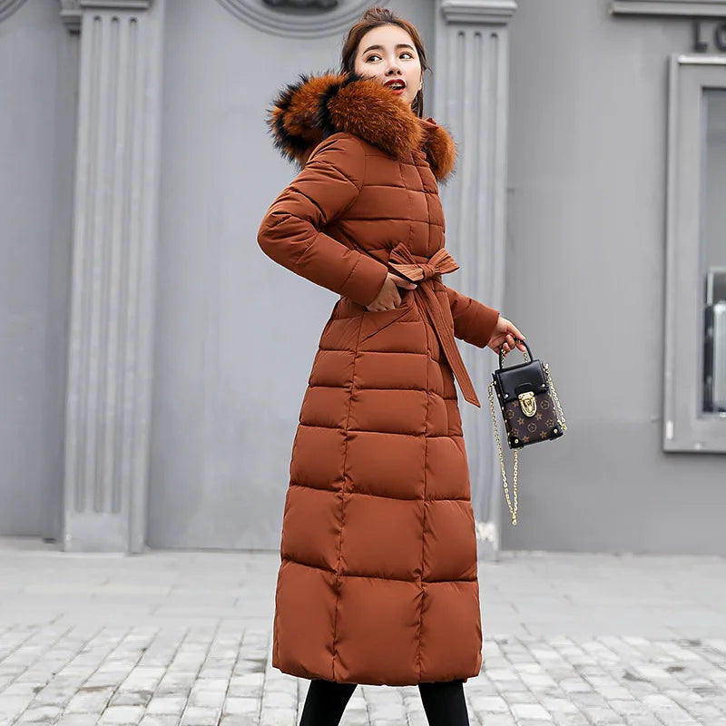 UHYTGF 2024 Winter Women's Long Parka – Bow Belt Fox Fur Collar Oversized Vintage Thick Coat - Premium coat from Lizard Vigilante - Just $58.88! Shop now at Lizard Vigilante