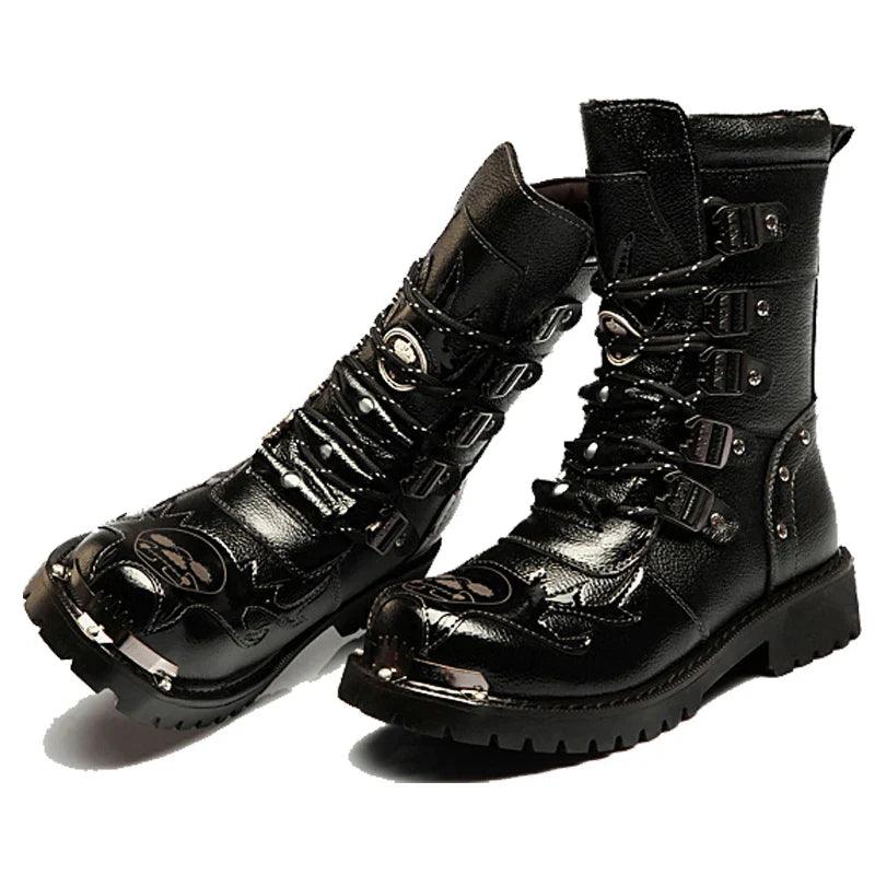 Winter Men Motorcycle Boots New Fashion Mid-Calf Punk Rock Punk Shoes Mens Genuine Leather Black High Top Mens Casual Boot 38-46 - Lizard Vigilante