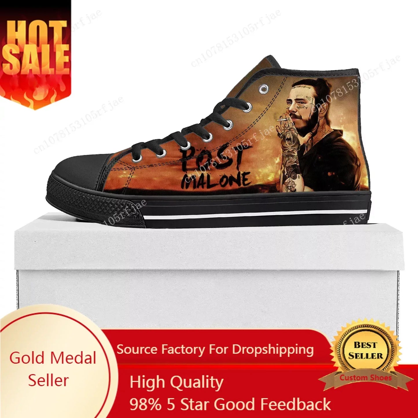 Post Malone High Top Sneakers – Black Canvas Shoes for Men & Women - Premium Sneakers from Lizard Vigilante - Just $48.88! Shop now at Lizard Vigilante