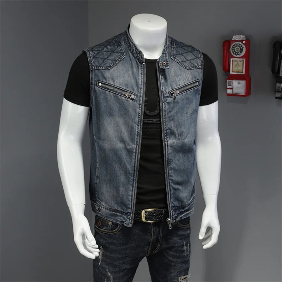 Punk Style Men's Denim Vest Sleeveless Jeans Jacket Men Ripped Slim Fit Waistcoat Stand Collar Cowboy Tops Hip Hop Streetwear - Premium  from Lizard Vigilante - Just $55.99! Shop now at Lizard Vigilante