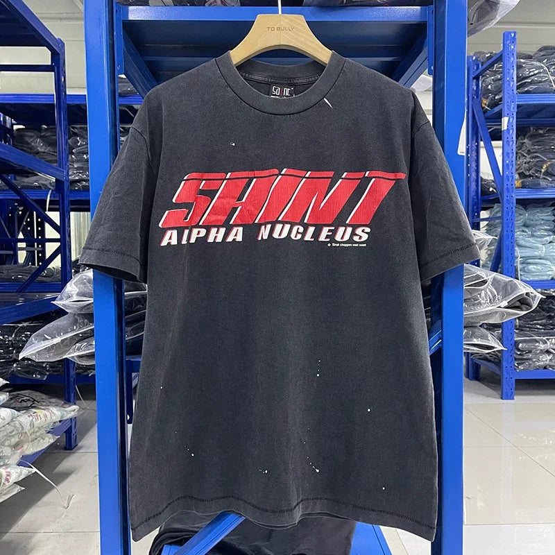 Men Women High Street Vintage Washed Black T-Shirt Top Quality Cototn TEE 3D Cracked Letters Logo Print Saint T Shirt With Tags - Premium  from Lizard Vigilante - Just $64.99! Shop now at Lizard Vigilante