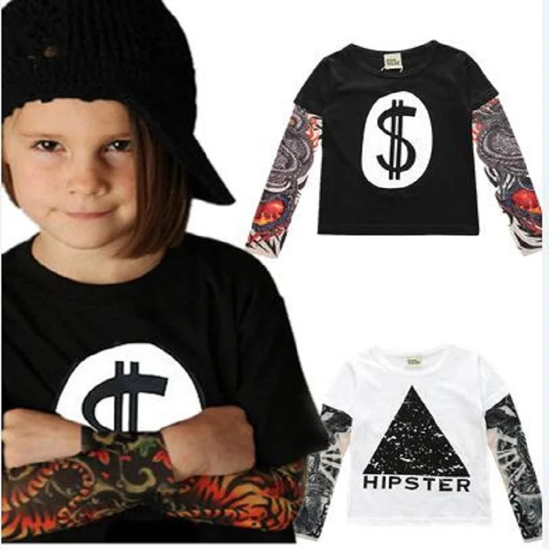 Little Rebel Inked Long Sleeve Tee – punk rock tattoo-print cotton top for future stage legends