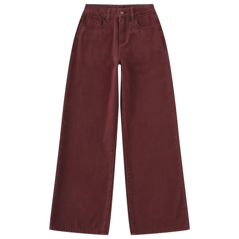 FINEWORDS Retro Angela Red Winter Jeans Women Thicken Cashmere High Waist Baggy Jeans Streetwear Casual Wide Leg Denim Pants