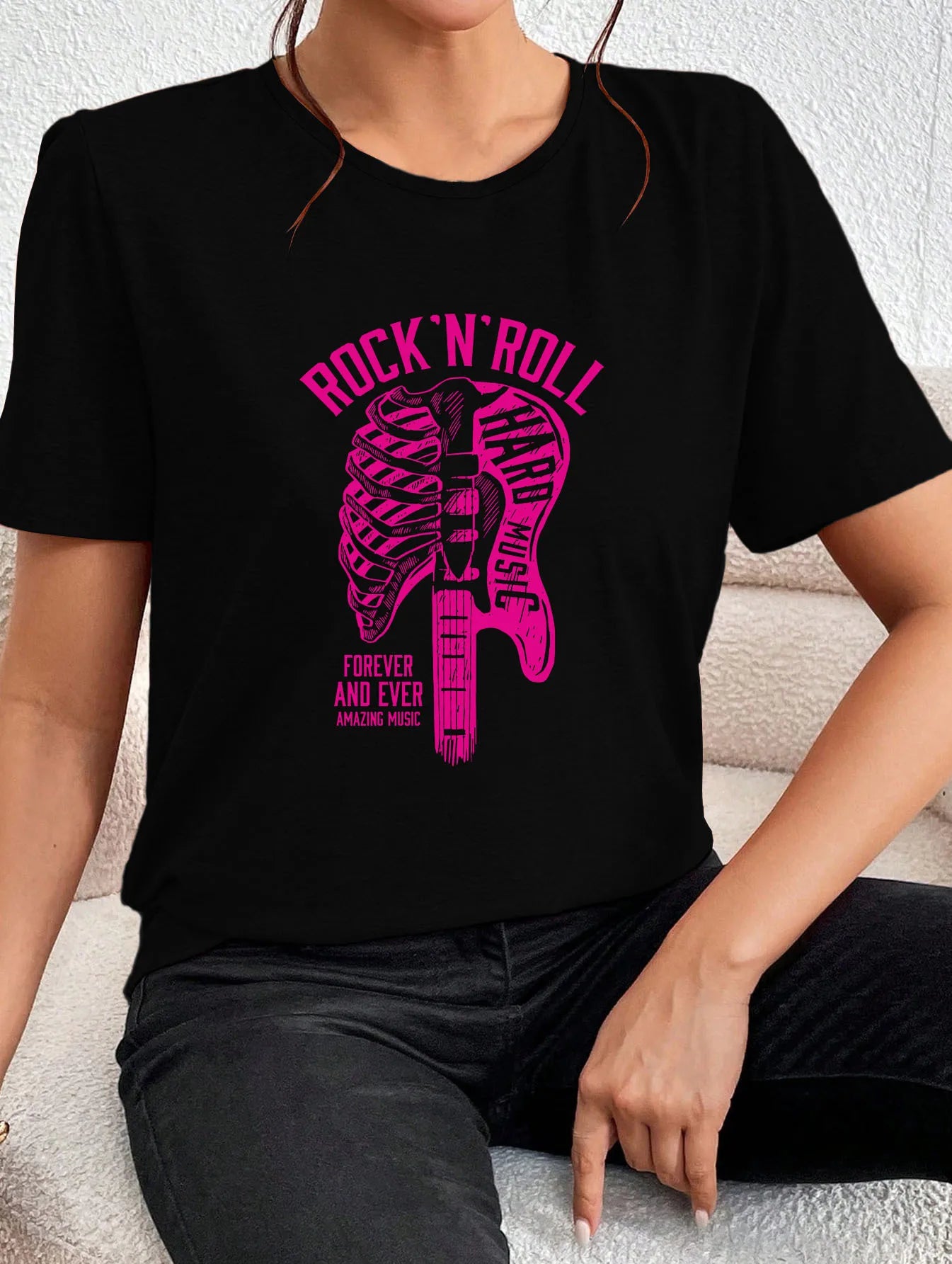 Rock 'N' Roll Has Penetrated Deep into the Body, Skull Chest, Guitar, Women's Round Neck Home Clothing T-shirt - Premium  from Lizard Vigilante - Just $25.99! Shop now at Lizard Vigilante