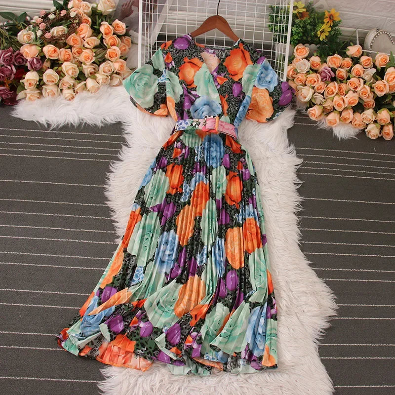 Women Dress Fashion Vintage Ins Bandage Slim Waist A-line Long Dress Vacation Beach Summer Outfits Lady Robe Femme