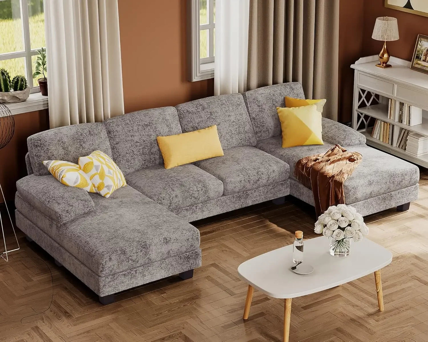 Sectional Couches for Living Room – U-Shaped Sofa Couch with Linen Fabric, 4-Seat Sofa Set with Double Chaise - Premium sofa from Lizard Vigilante - Just $688.88! Shop now at Lizard Vigilante