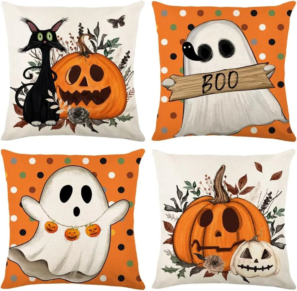 Halloween Pillowcases: Cat, Ghost, and Pumpkin Themed Decor! Sofa cushion cover, holiday party decoration, gift
