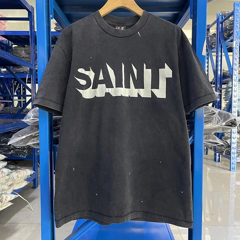 Men Women High Street Vintage Washed Black T-Shirt Top Quality Cototn TEE 3D Cracked Letters Logo Print Saint T Shirt With Tags - Premium  from Lizard Vigilante - Just $64.99! Shop now at Lizard Vigilante