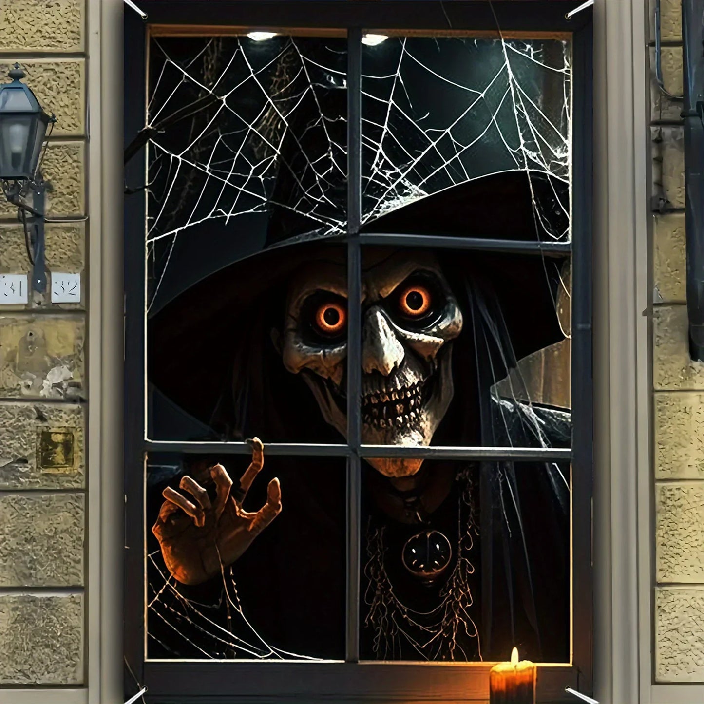 Halloween decoration, 1 piece, polyester material window banner with terrifying and fantastical patterns, evil witch theme