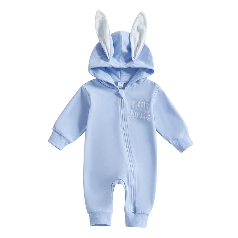 Adorable Infant Easter Romper with Hood Zipper Closure and Bunny Ears - Long Sleeve  for Spring Celebrations