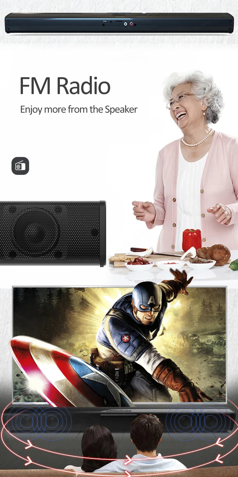 Bluetooth Speaker Column High Power Portable Speaker TV SoundBar for Computer Music Center Boom Box with TF AUX USB Radio