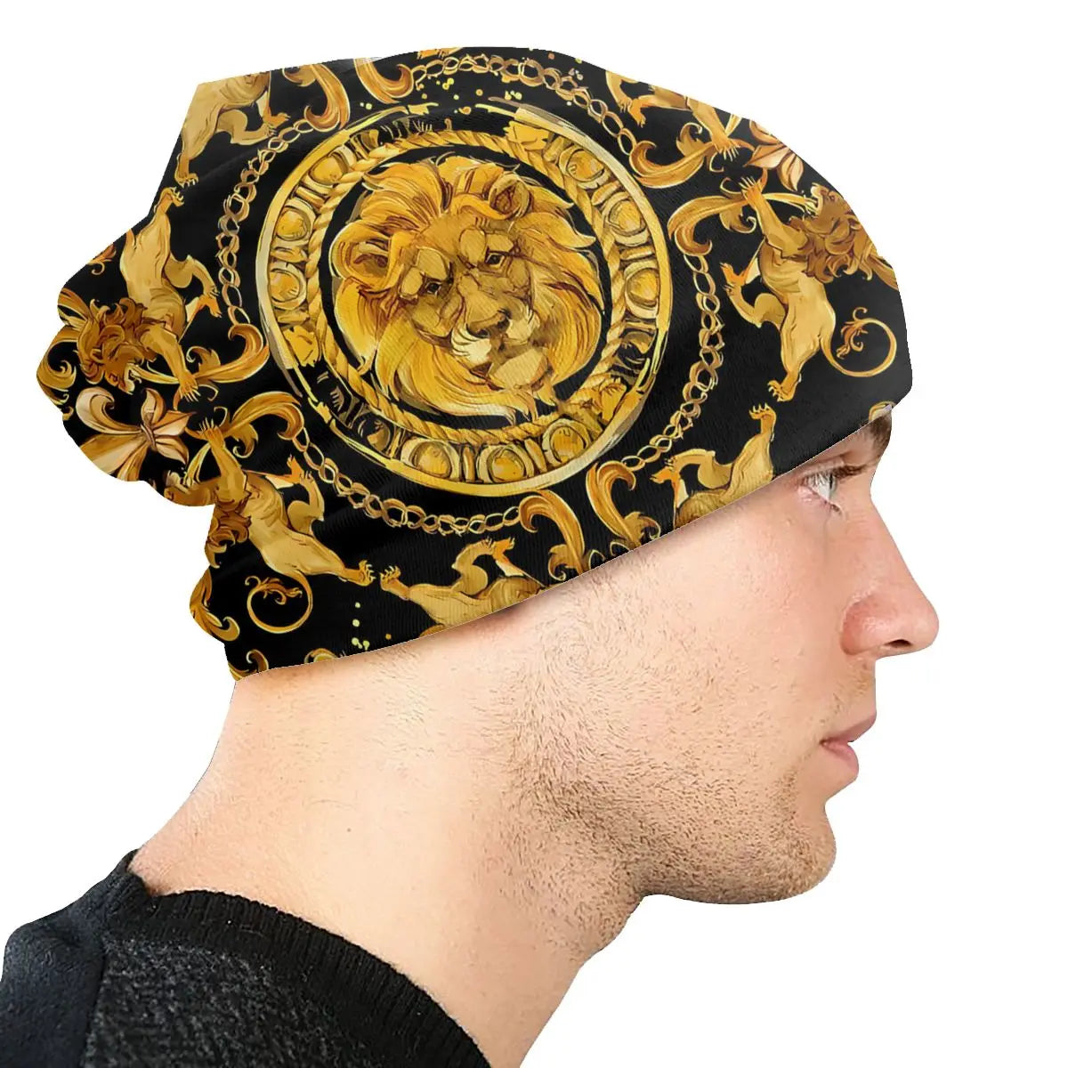 Golden Lion & Damask Skullies Beanie – Luxury Fashion Hat with Earmuffs for Men & Women, Windproof & Stylish - Premium beanie from Lizard Vigilante - Just $19.88! Shop now at Lizard Vigilante