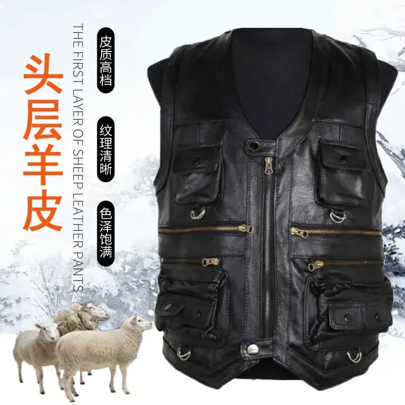 Men's Genuine Leather Imported Vest Male Multiple Pockets Sleeveless Coat Men V-neck Real Sheepskin Waistcoat - Lizard Vigilante