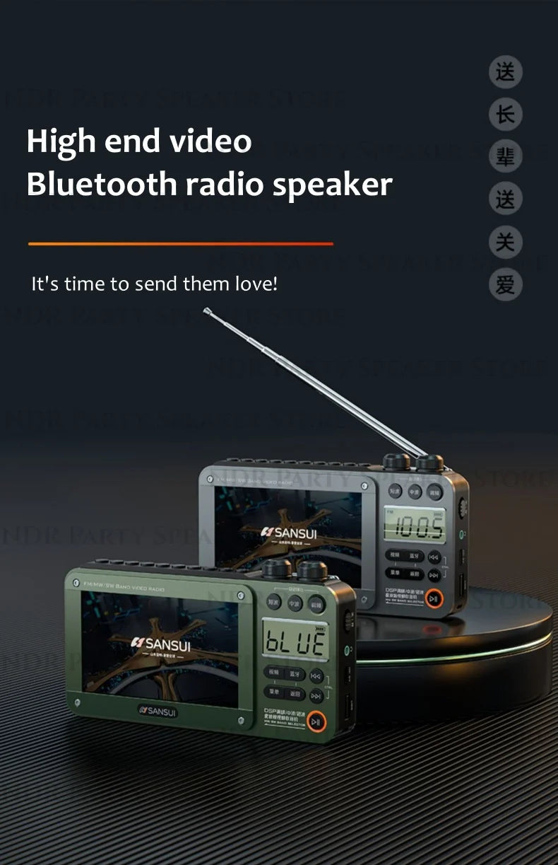 SANSUI Wireless Bluetooth Speakers Home Full-band Radio LED HD Video Player Portable MP4 Walkman Built-in Rechargeable Battery