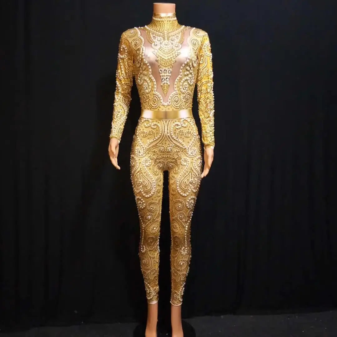 Sexy Silver & Gold Rhinestone Bodysuit – DJ, Bar, Singer, and Catwalk Stage Costume with Crystals & Pearl Appliques - Premium costume from Lizard Vigilante - Just $99.91! Shop now at Lizard Vigilante